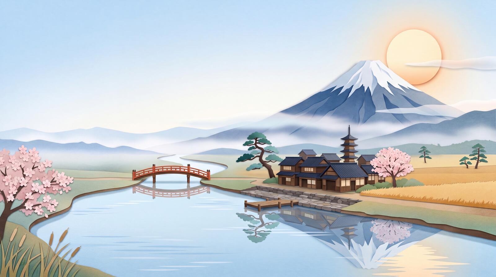 Paper-craft illustration of a river winding through a valley past a village, a red bridge, and a snow-capped mountain