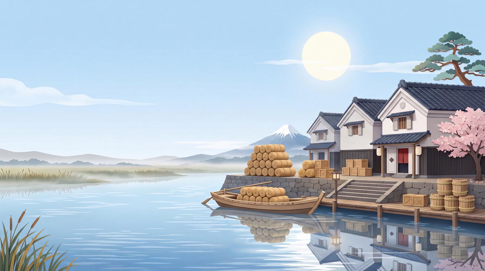 Paper-craft illustration of a riverside rice wharf with white storehouses, stacked straw bales, crates and barrels, and a loaded boat at the dock